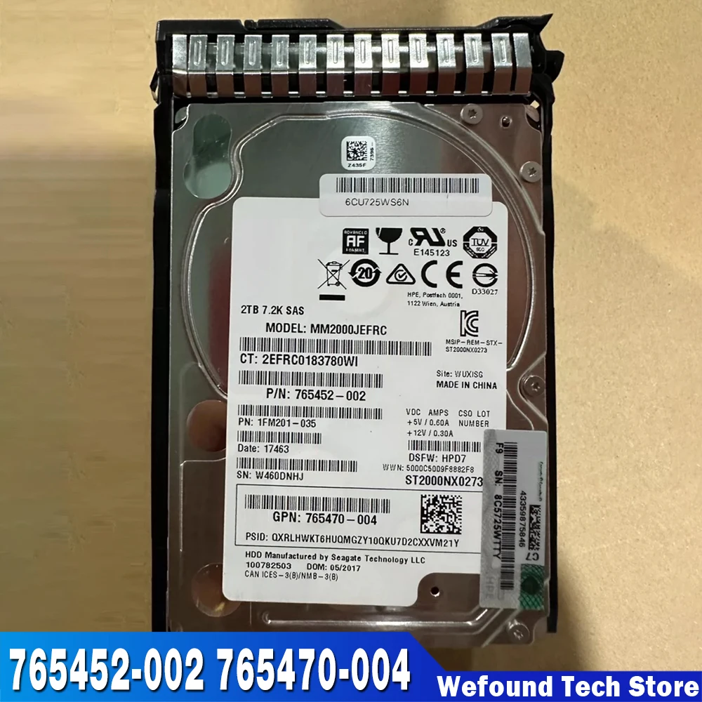 12GB/s MM2000JEFRC 765452-002 HPE 2TB HDD For SAS 7.2K