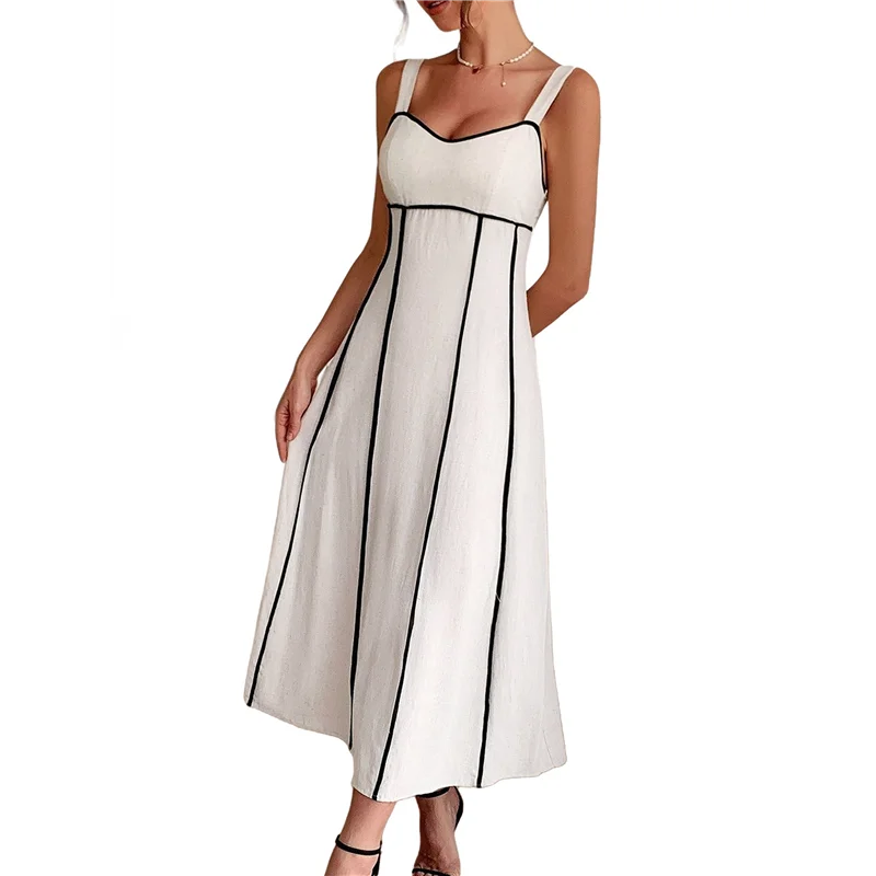 ABRT-Vestido maxi listrado feminino com alça espaguete e corte longo e fluido