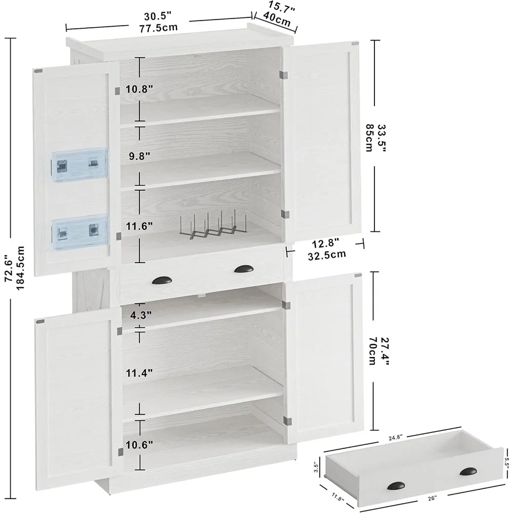 Kitchen Pantry Storage Cabinet 72.6" H, with Barn Doors, Drawer, 4 Adjustable Shelves, Freestanding Cupboard for Dining Room