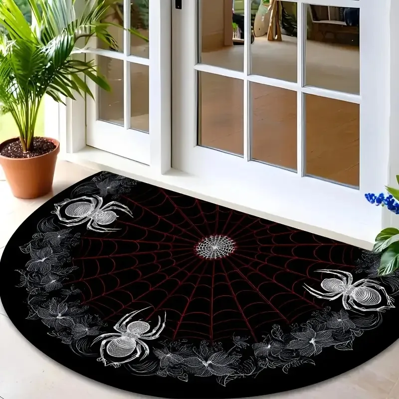Alfombra Gótica de Tejido de Araña, Media Luna, Fondo Negro, Detalle de Araña Blanca, Tema de Casa Encantada para Decoración de Halloween