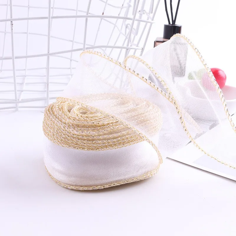 

Hight Quality 4cm*9m Polyester Fishtail Ribbon with Gold Rim for Flowers Gift Packing Home Decor Party Wedding Decorations