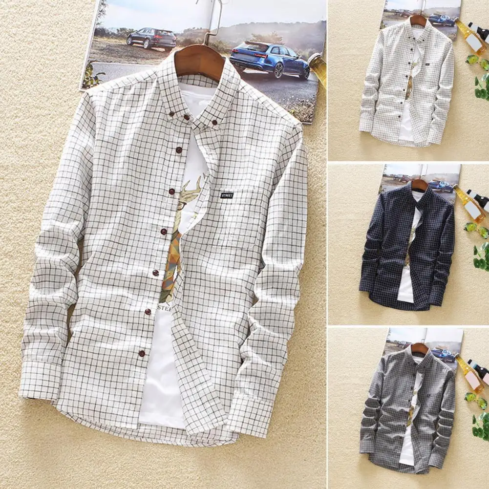 

Long-sleeve Plaid Shirt Plaid Print Men's Slim Fit Shirt Comfortable Long Sleeve Button-collar Top with Lapel Regular-fit Patch