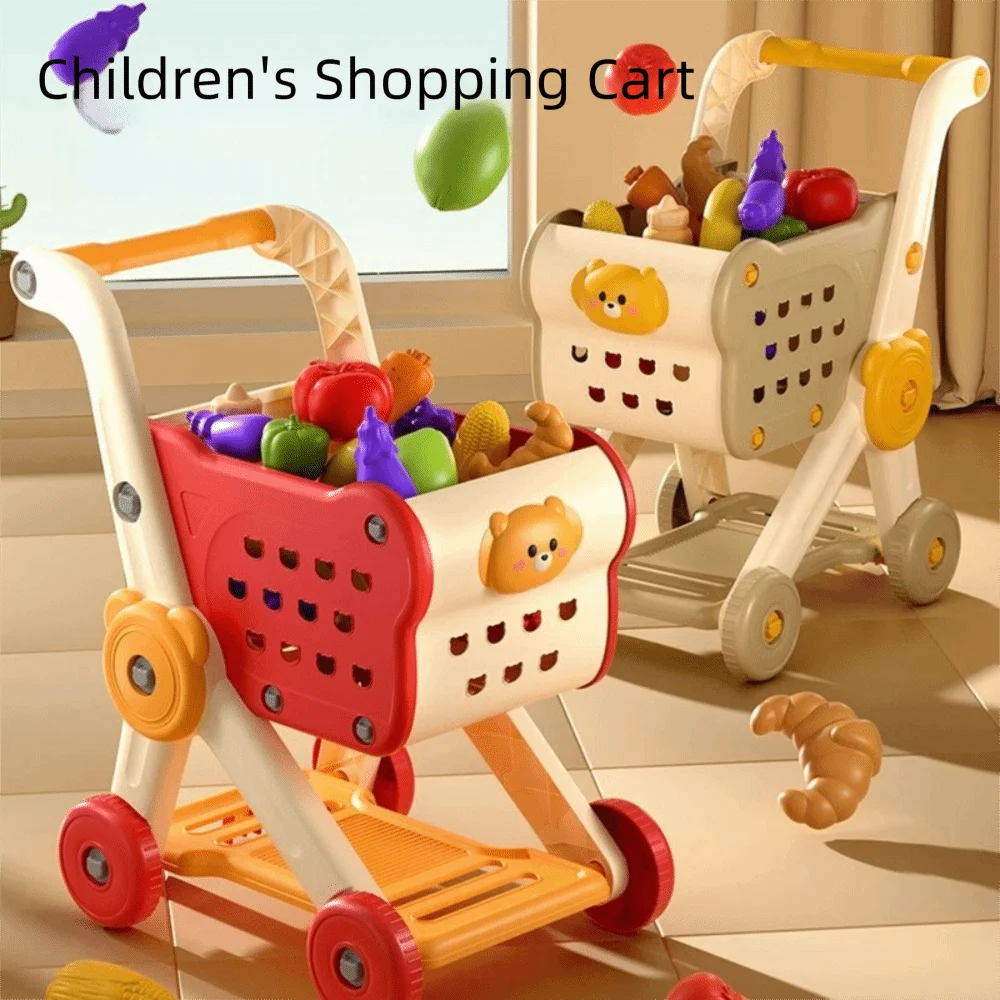 Mini tamanho carrinho de compras brinquedo simulado frutas comida legumes supermercado brinquedo handcart design cozinha playset jogando casa
