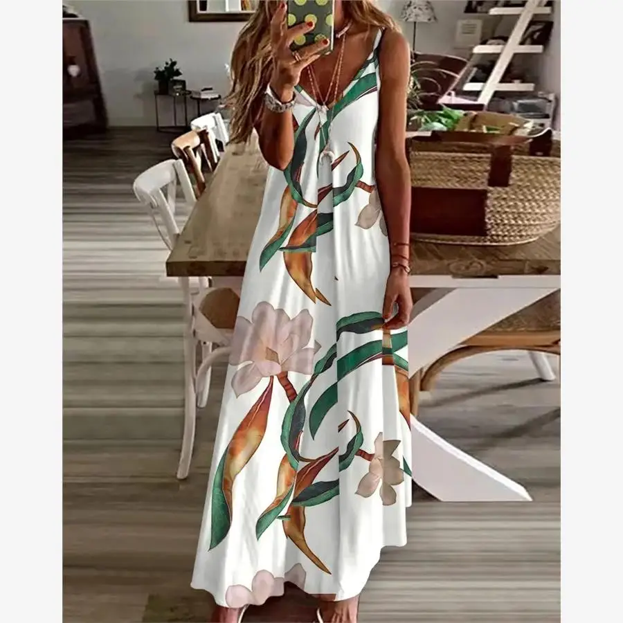 فستان نسائي صيفي طويل مطبوع كاجوال Dr Sweet Sle عالي الخصر V-Ne Svel على شكل حرف a زهور نباتية عزر