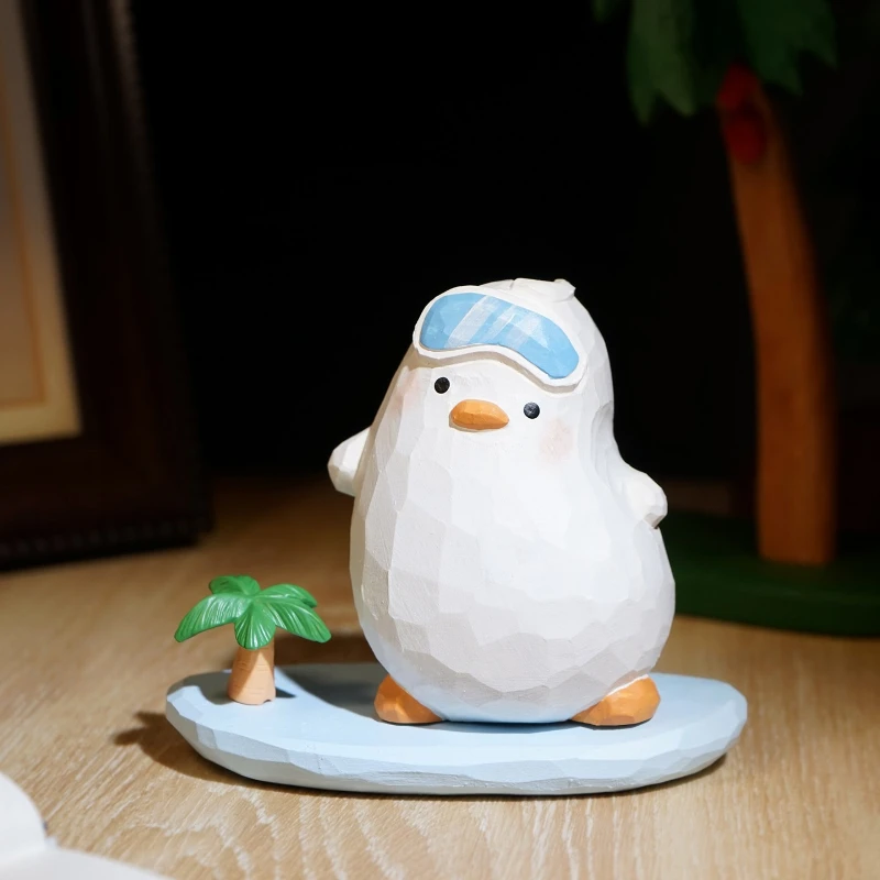 Hand‑Carved Wood Happy Surfing Duck Cute Healing Mood‑boosting Desk Figurines Lovely Craft Ornament for Home Entryway Decoration