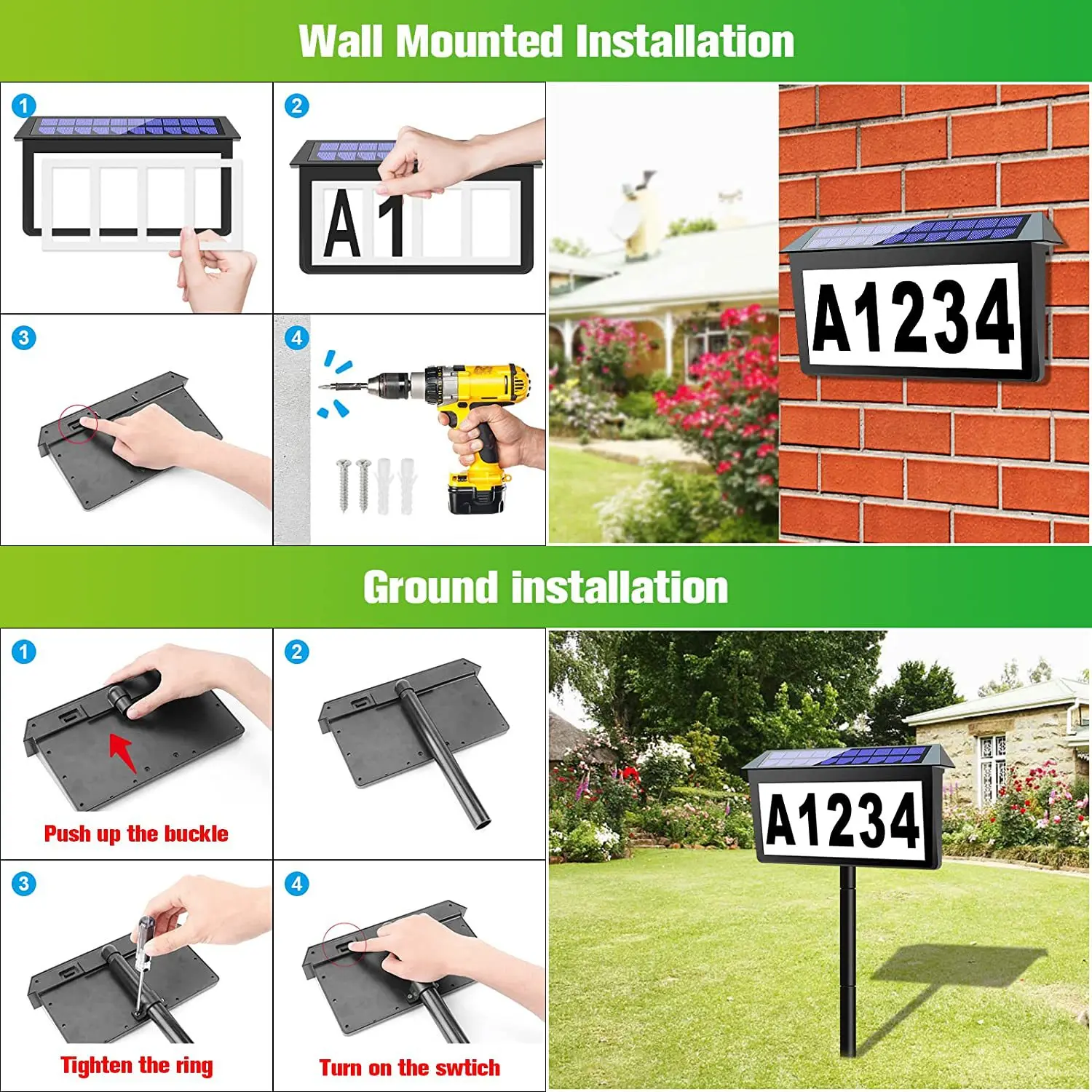 Solar LED Address Number Light, Alphabet Digital House Sign Lamp Outdoor Wall & Ground Decor Light