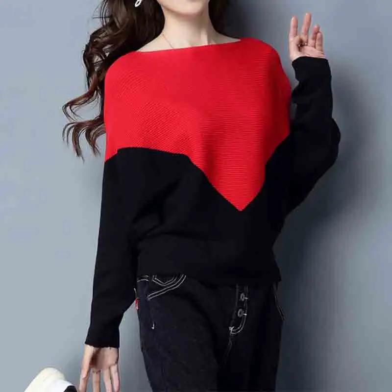 Fashion Women Clothing Contrast Bat Long Sleeve Sweater Spring Autumn New Korean Loose Versatile Casual Knitted Pullovers Tops