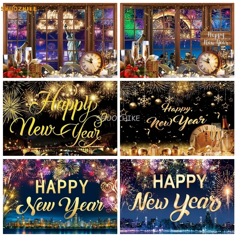 

Happy New Year Photography Backdrop Glitter Gold Coloful Fireworks Champagne Photo Background Kids Family Holiday Party Decor