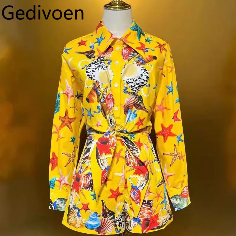 Gedivoen Casual Holiday Women's Suit Summer Turn-Down Collar Single-Breasted Tops+Simple shorts Cotton Print Two piece set