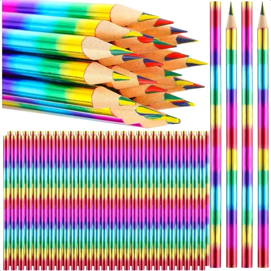 

96 Pieces Rainbow Colored Pencils 4 Color in 1 Rainbow Wooden Pencil for Art plies Reward Gifts for Students Holographic Type