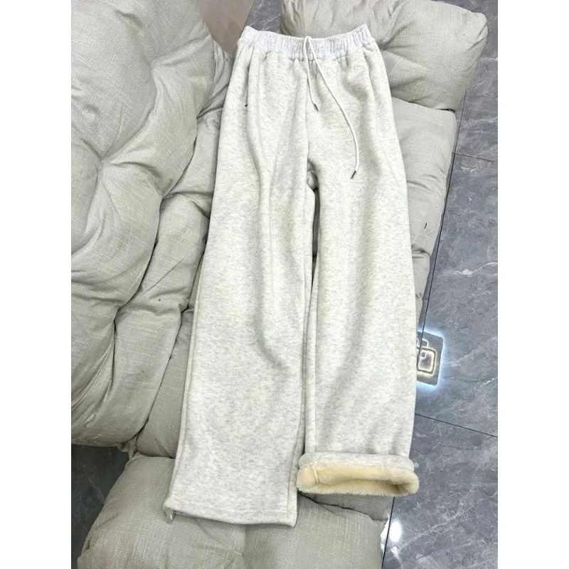 White gray lamb fleece wide-leg pants women autumn and winter 2024 New straight tube fleece-lined padded casual toe cotton pants