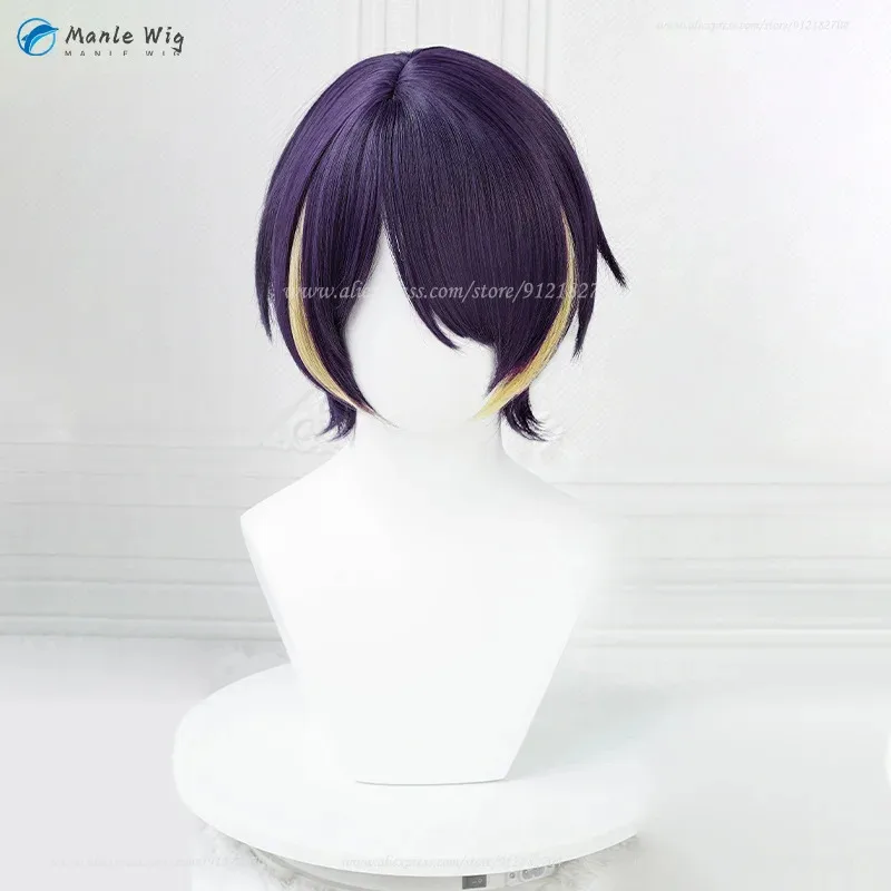 ES Shinobu Sengoku الظلام تأثيري الباروكات 30 سنتيمتر الأرجواني الأصفر مقاومة للحرارة الاصطناعية الشعر أنيمي + غطاء شعر مستعار vc5;'6gh,;