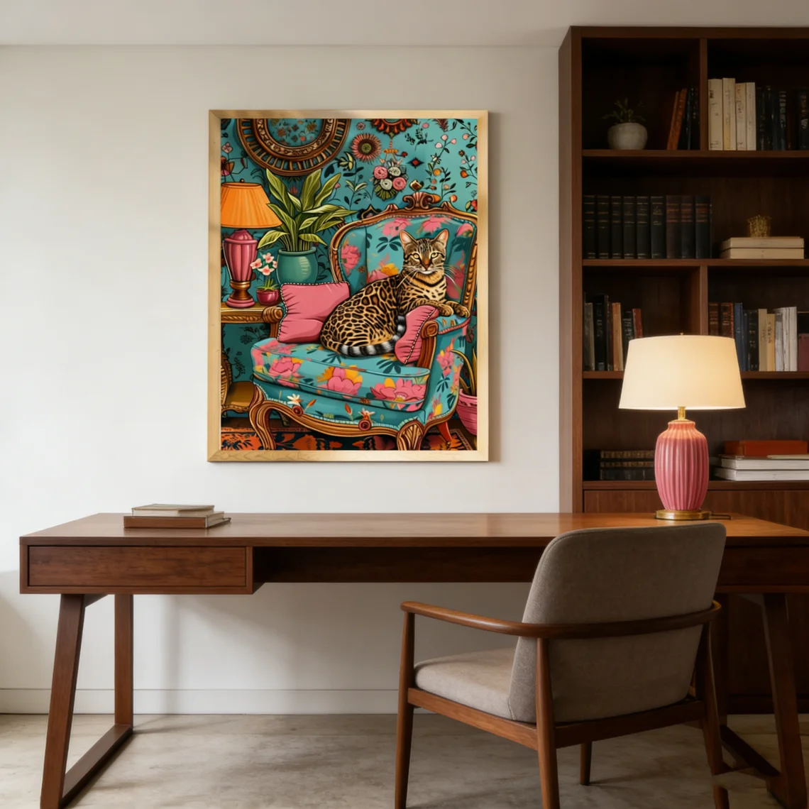 Bengal Cat Lounging in a Luxury Living Room - Leopard Wall Art - Maximalist Print - Bold Wall Decor - Cat Art Print