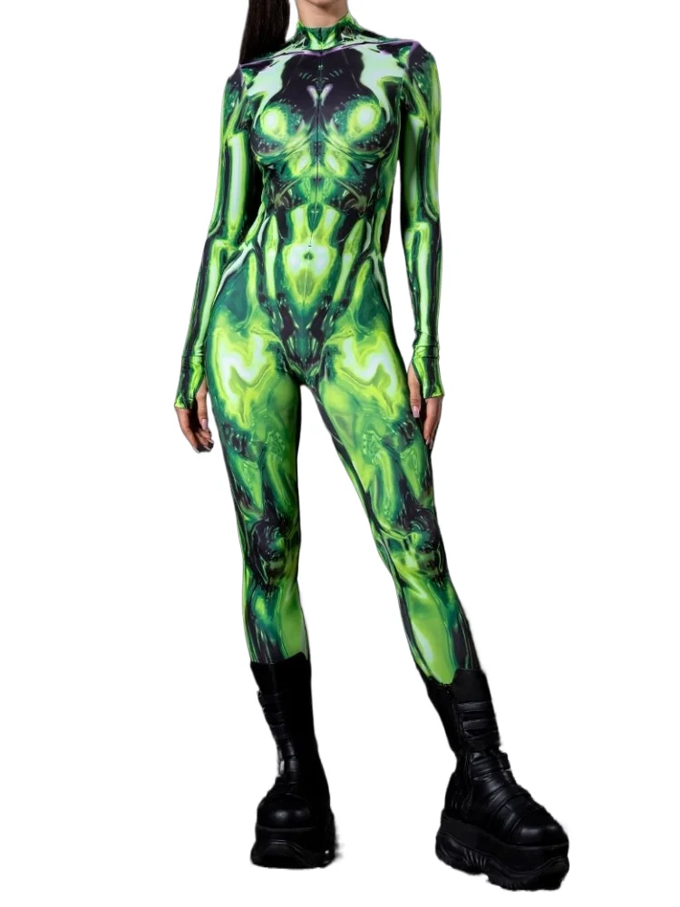 

Halloween Green Fashion Sexy Muscle 3d Printing Men And Women Couple Cyberpunk Steampunk Tights Cosplay Costume Bodysuit Set New