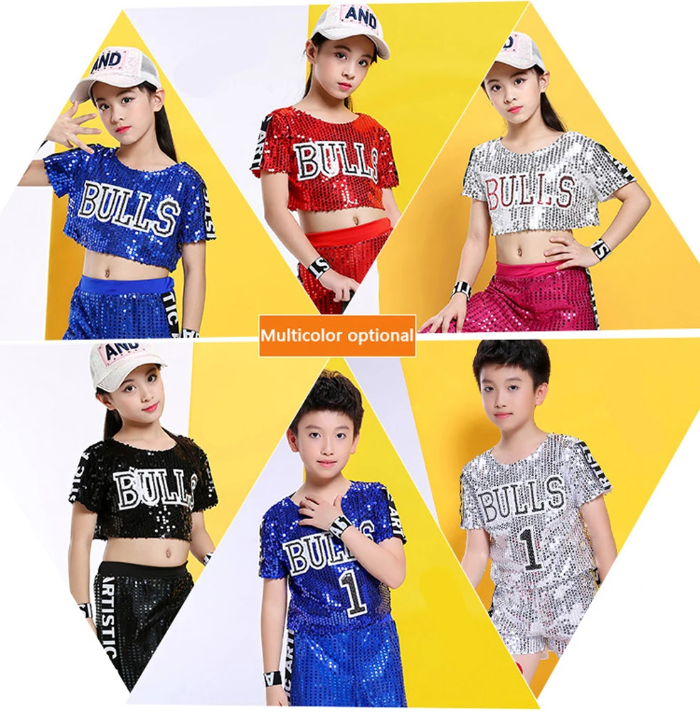 Kids Jazz Sequins Dance Costume Children Hip Hop School Team Activities Performance Outfits Tshirt&Pants Set