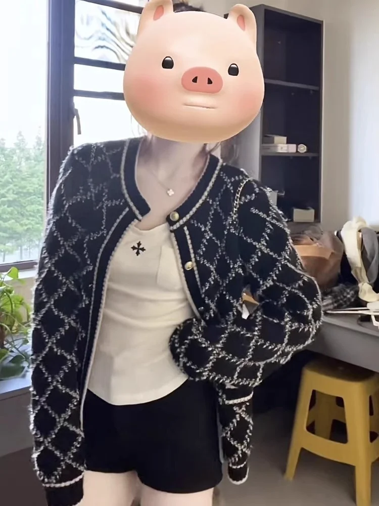 

Женский свободный вязаный открытый кардиган, свитер с ромбовидным узором, осень-зима, повседневный легкий топ высокого класса, модный для поездок на работу