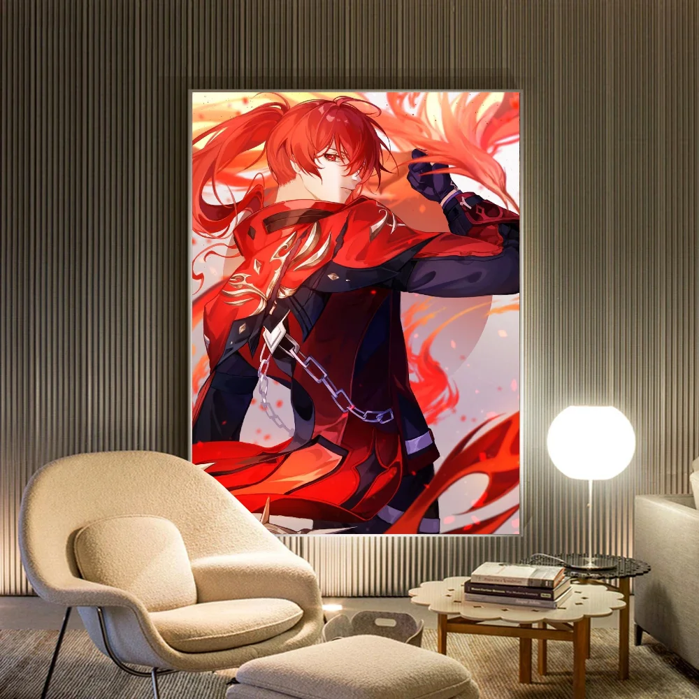 Genshin Impact Diluc Ragnvindr Classic Anime Poster Waterproof Paper Sticker Coffee House Bar Room Wall Decor