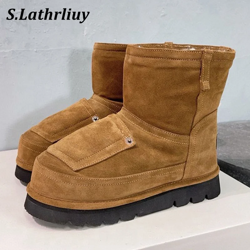 

Winter Retro Flat Thick Sole Warm Snow Boots Women's Real Wool Lining Casual Ankle Boots Round Toe Suede Solid Color Short Botas