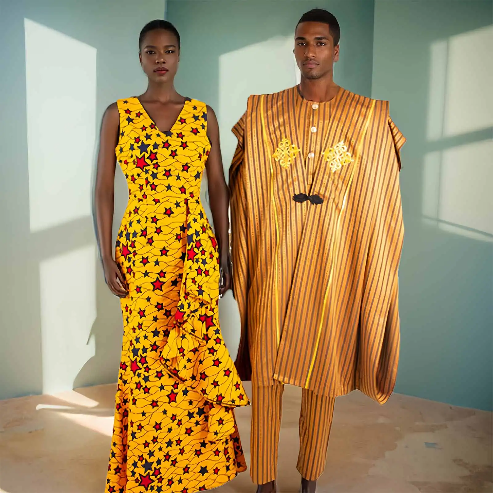 African Couples Matching Clothing Set Wedding Dashiki Women Print Long Dresses Bazin Men Shirt Pant Robes Suits Agbada 24C006