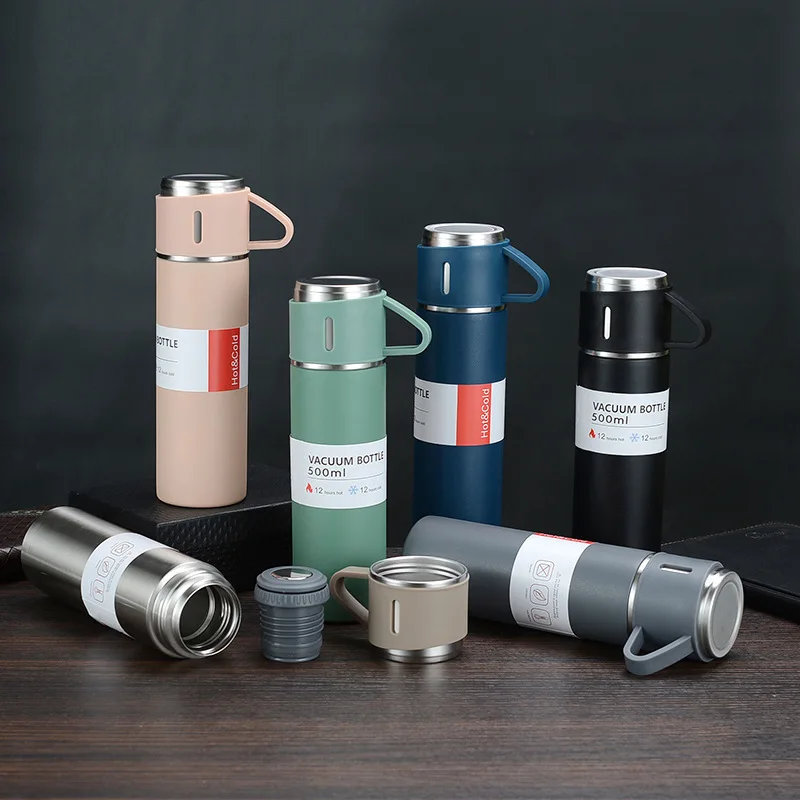 304 Stainless Steel Thermos Gift Set with 3 Interchangeable Lids & Handle,Keeps Hot & Cold,Portable Travel Cup for Men & Women