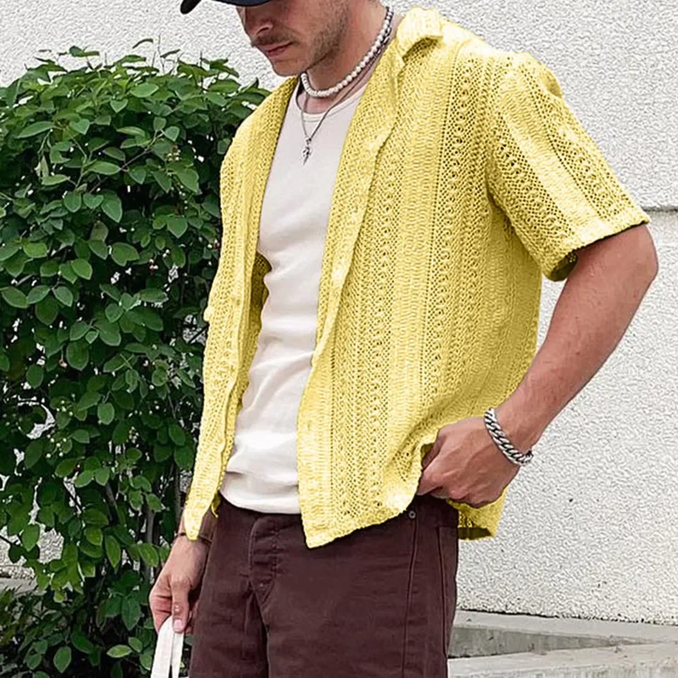 Casual Short Sleeve Shirt Men Knitted Cardigan Summer Breathable Cool Hollow Out Short Sleeved Shirt Male Korean Street Shirt