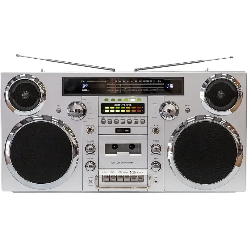 

Wireless Stereo Speaker Silver 1980s Style Portable Boombox CD Player Cassette Player FM Radio USB Input