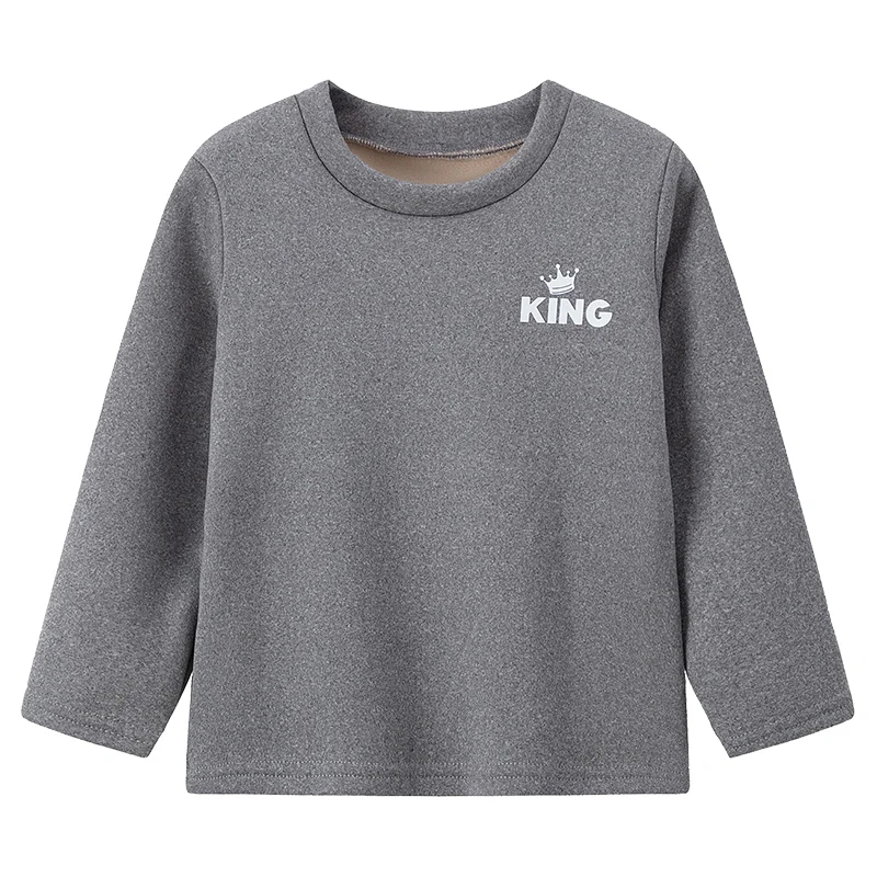 Autumn And Winter Children\'s Solid Color KING Letter Plus Velvet Long-sleeved Shirt Boy Casual Joker Thick Sweater Girl Sports T