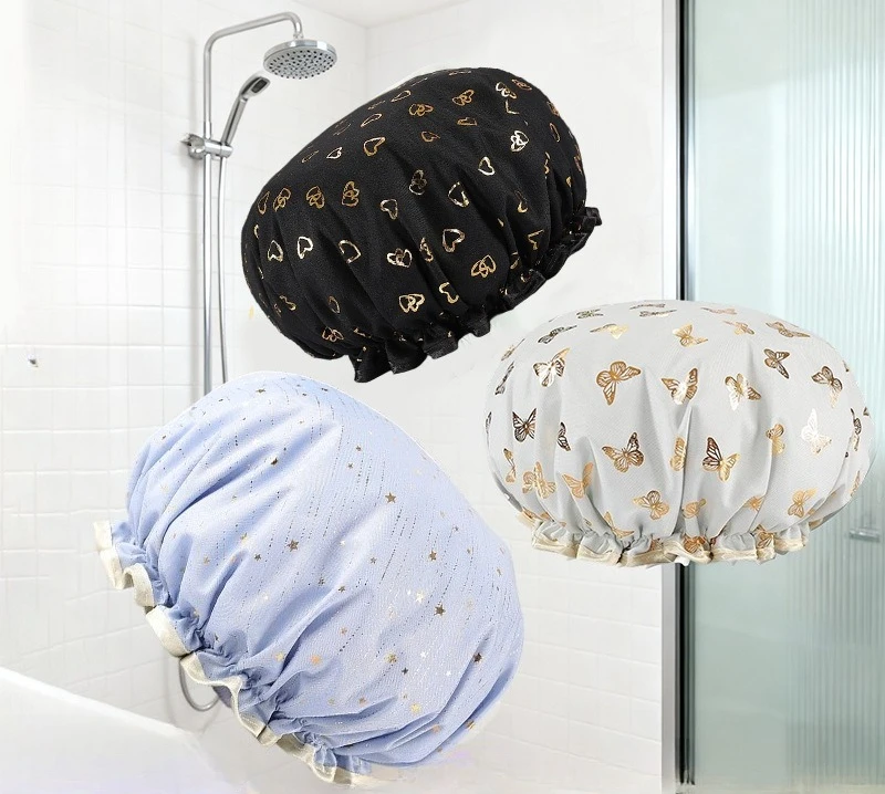 

High-quality Waterproof Double Shower Cap Women's Hot Gold Printed Cotton Bathing Hair Cap