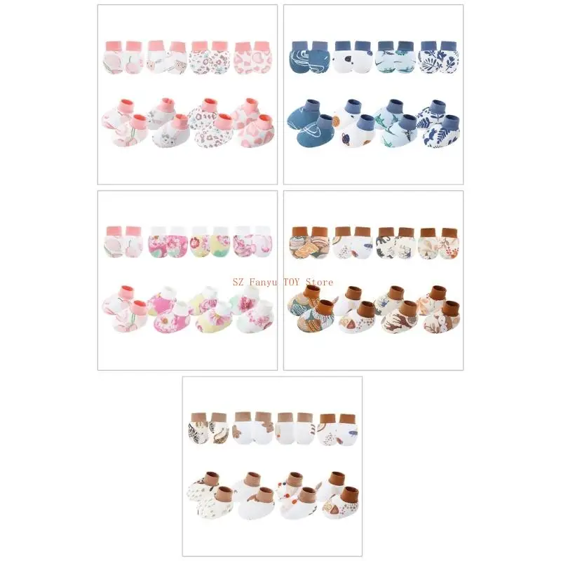 

96GC 4 Set Mittens Cotton Scratch Proof Gloves for 0-6M Baby with Matching Foot Cover