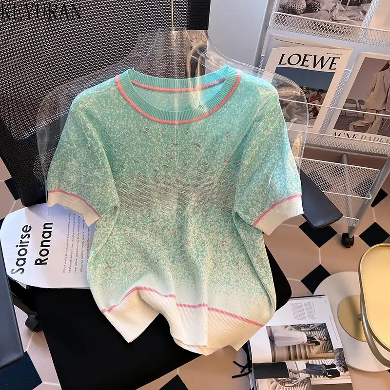 2024 Summer Colorful Gradient Color Matching O-neck Loose Short-sleeved Ice Silk Sweater Women Thin Diamonds Knitted T-Shirt Top