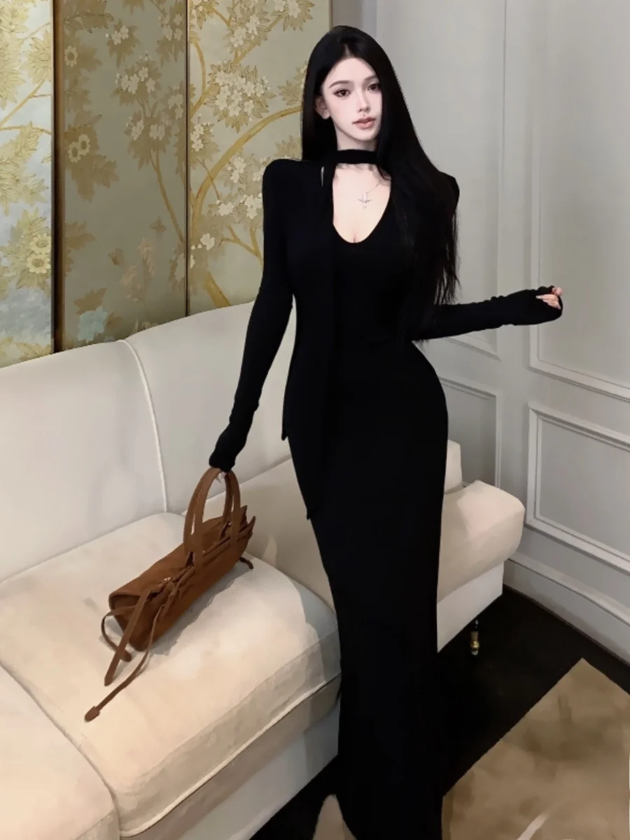 

Сексуальное облегающее платье макси с глубоким V-образным вырезом и длинными рукавами, вязаное, с завышенной талией, для женщин, осенний сезон, модное женское платье