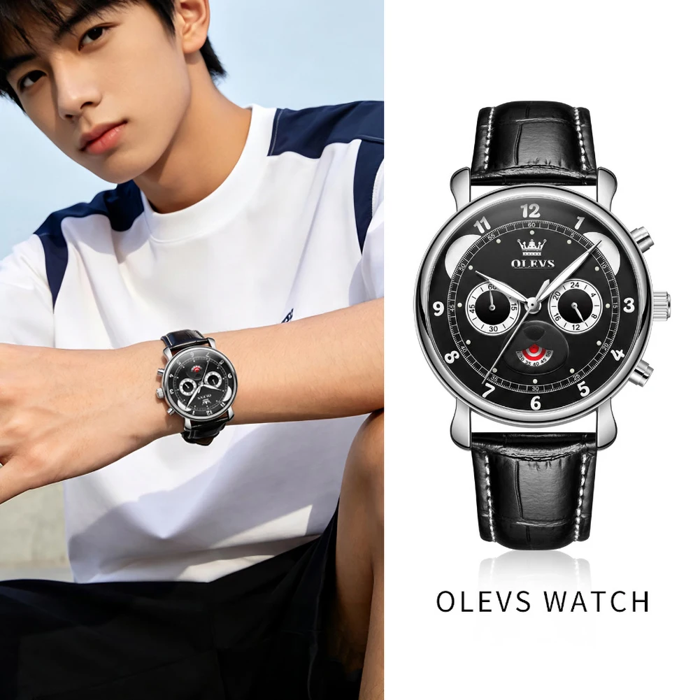 OLEVS 3753 Men's Watch Original Fashion Multifunctional Leather Strap Waterproof Watches for Men Panda Dial Reloj