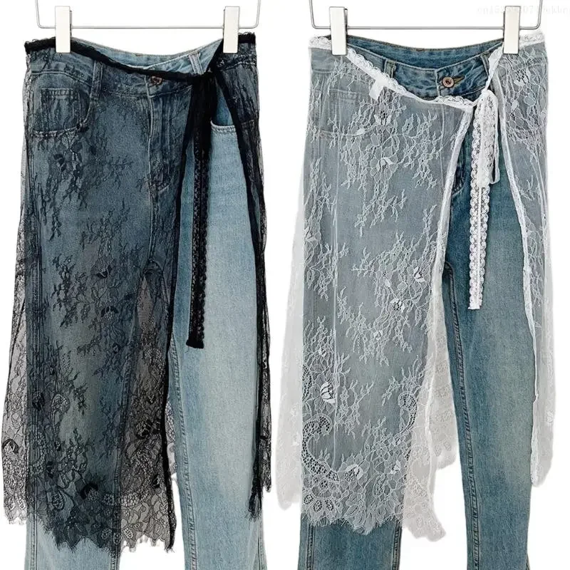 Women Aesthetic Flower Pattern Eyelash Lace Layering Apron Skirt Vintage Tie Up See Through Hip Covering Skirt Overskirt