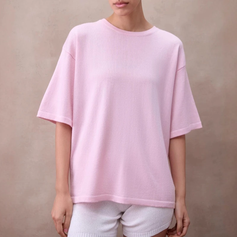 

Spring Summer Pink Sweet O Neck Women Loose T Shirt Short Sleeve Knitted Solid Casual Tops Hip Hop Female Femme Clothes Tops