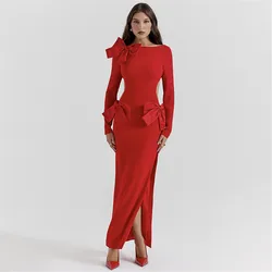 Women Elegant Bow Bandage Dress 2024 New Sexy Backless Long Sleeve Clothes Club Party Celebrity Dresses