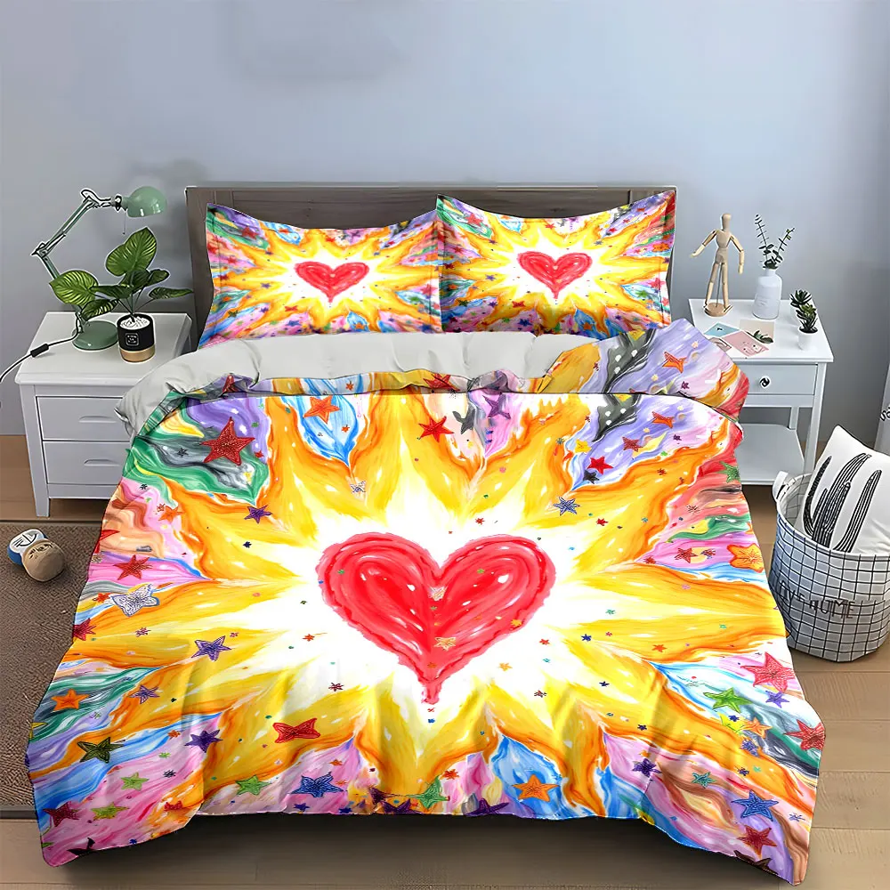 Colorful Heart Pattern Decoration Art Bedding Set with 1 Duvet Cover 2 Pillowcases Single Double King Queen, Gift