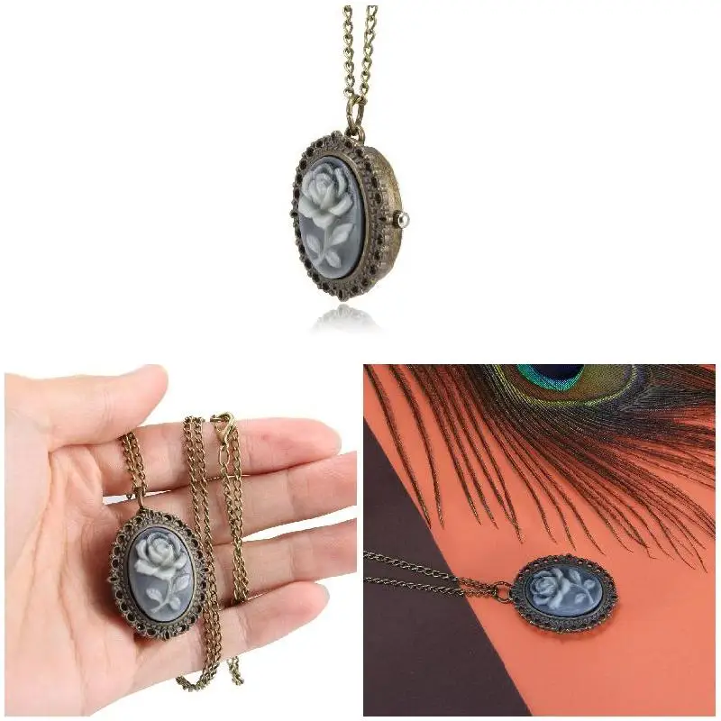 حافظة بيضاوية منحوتة بالزهور مع سلسلة ، ساعة جيب للرجال والنساء ، 1 * *