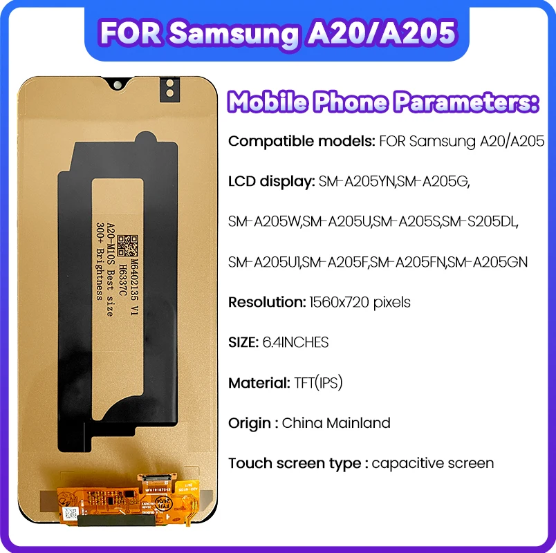 6.4 inch LCD for Samsung  Galaxy A20  A205 SM-A205YN SM-A205G Touchscreen Digitiser for Samsung  SM-A205F  with Frame LCD