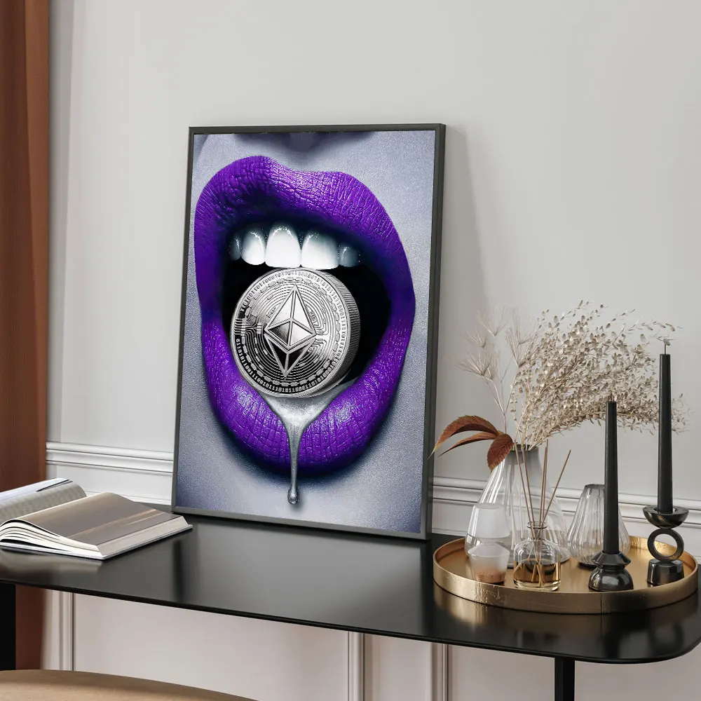 Bitcoin Lips Poster, Purple Amethyst Gold Teeth Lips Print, Blood Red Lipstick Sexy Lips Trendy Canvas Art Painting Poster