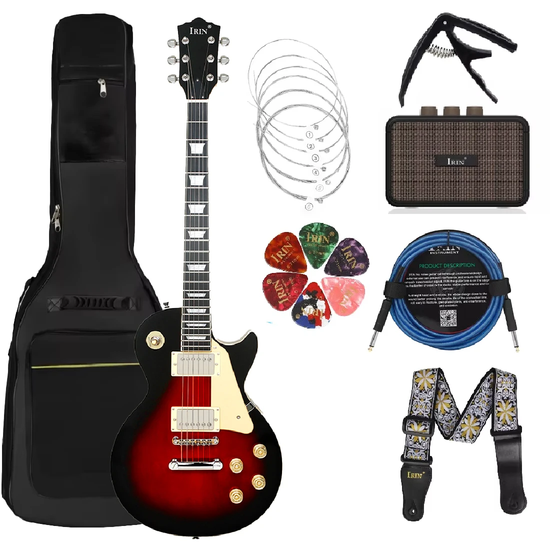 IRIN 6 Strings Black Red  Electric Guitar 39 Inch Solid Full-size Electric Guitar Starter Kit Includes Amplifier Bag Strap