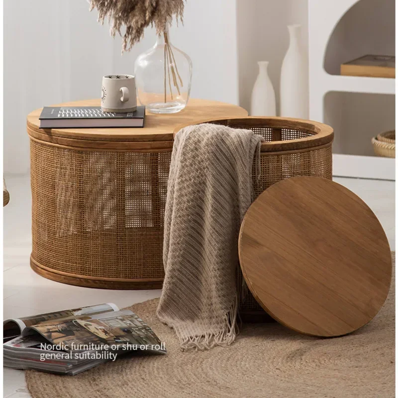 

Japanese Round Coffee Table Clamshell Storage Tatami Desks Living Room Rattan Woven Side Table Multi-functional Home Furniture