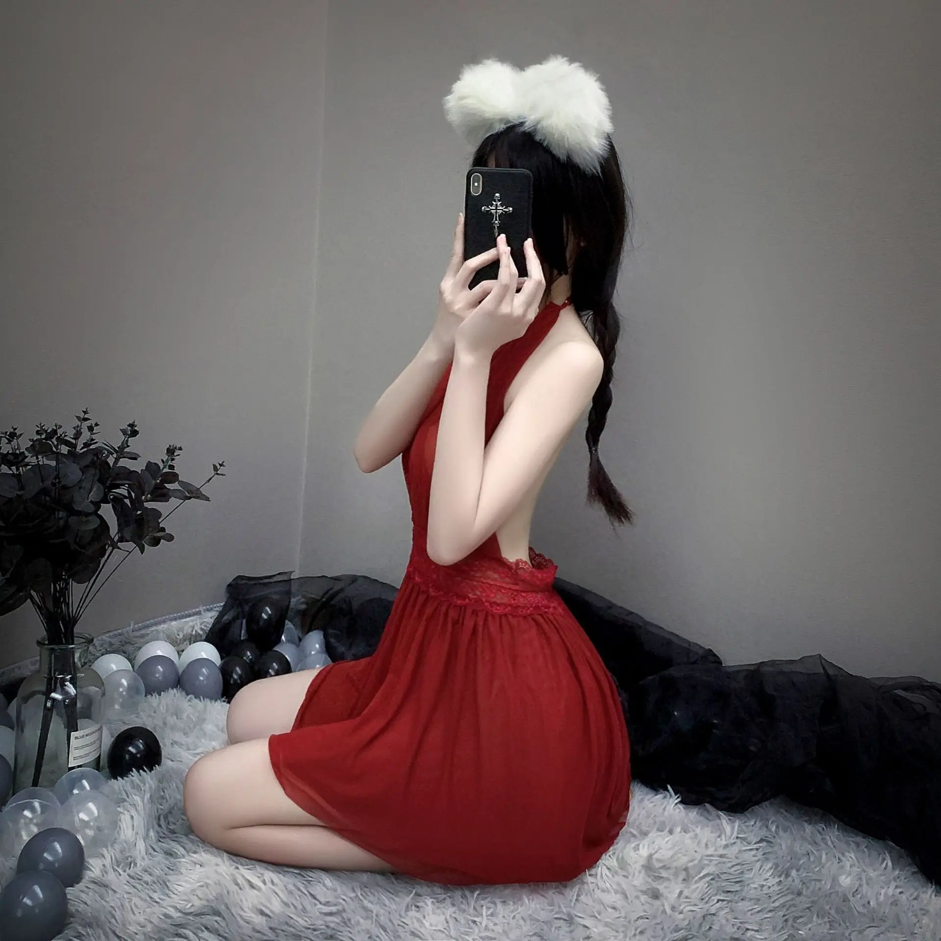 Ladies Sexy Pure Desire Pajamas Ladies Lace Pure Color Camisole Department Ms. V Necktie Morning Robe Outer Robe Homewear Set