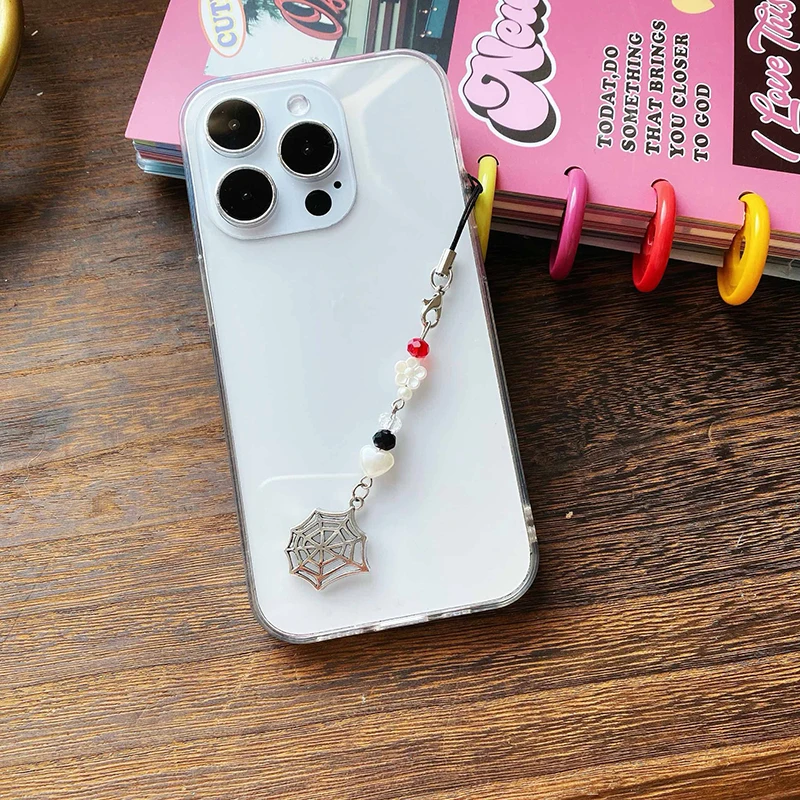 1PC Y2K Gothic Spider Web Beaded Mobile Phone Lanyard Aesthetic Cell Phone Strap Keycord Creative Spider Pendant Phone Chain