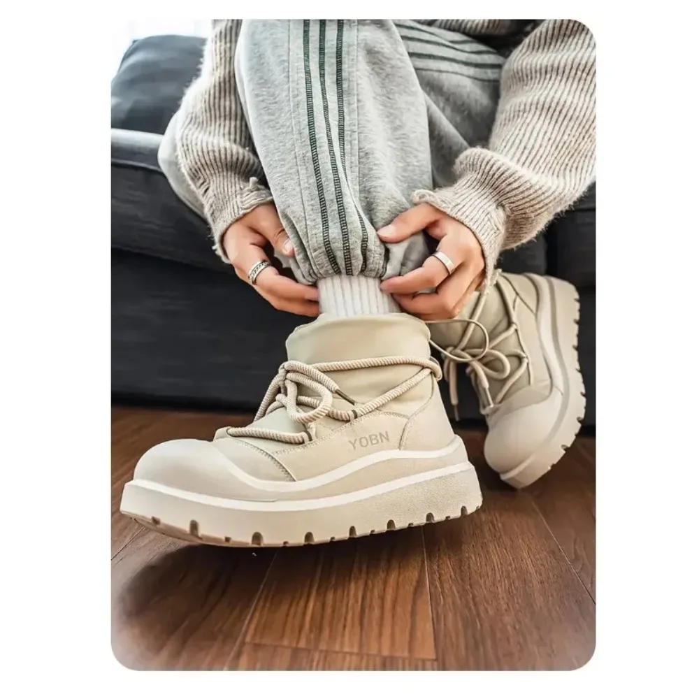 2025 зимние лаконичные однотонные мужские плюшевые зимние ботинки с высоким берцем на толстой подошве, модные универсальные теплые мягкие удобные ботинки из волосатого хлопка