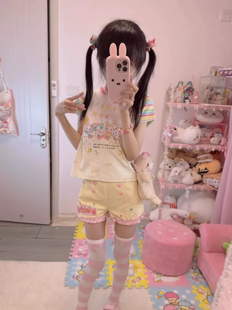 2025 جديد اليابانية الصيف لطيف الحلو طفولي الكرتون طباعة خمر قصيرة الأكمام تي شيرت للنساء