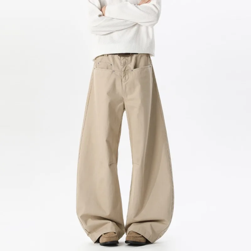 

American Style Men's Casual Pants Solid Color Silhouette Vintage Bottom Wide Leg Loose Curved Knife Trousers Spring Autumn