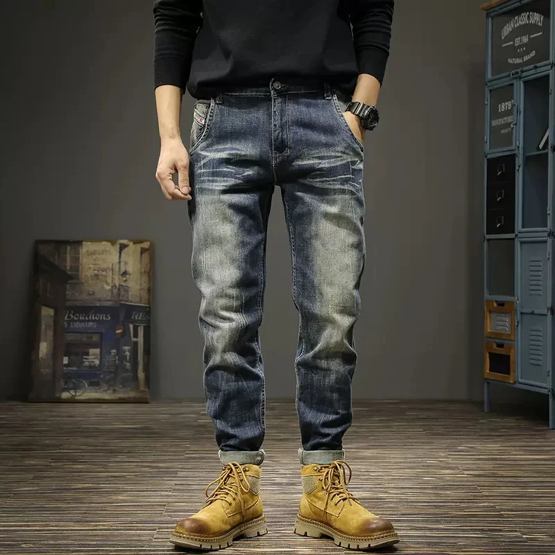 Italian Designer Fashion Men Jeans Retro Blue Stretch Slim Ripped Jeans Men Elastic Trousers Vintage Casual Denim Pants Hombre