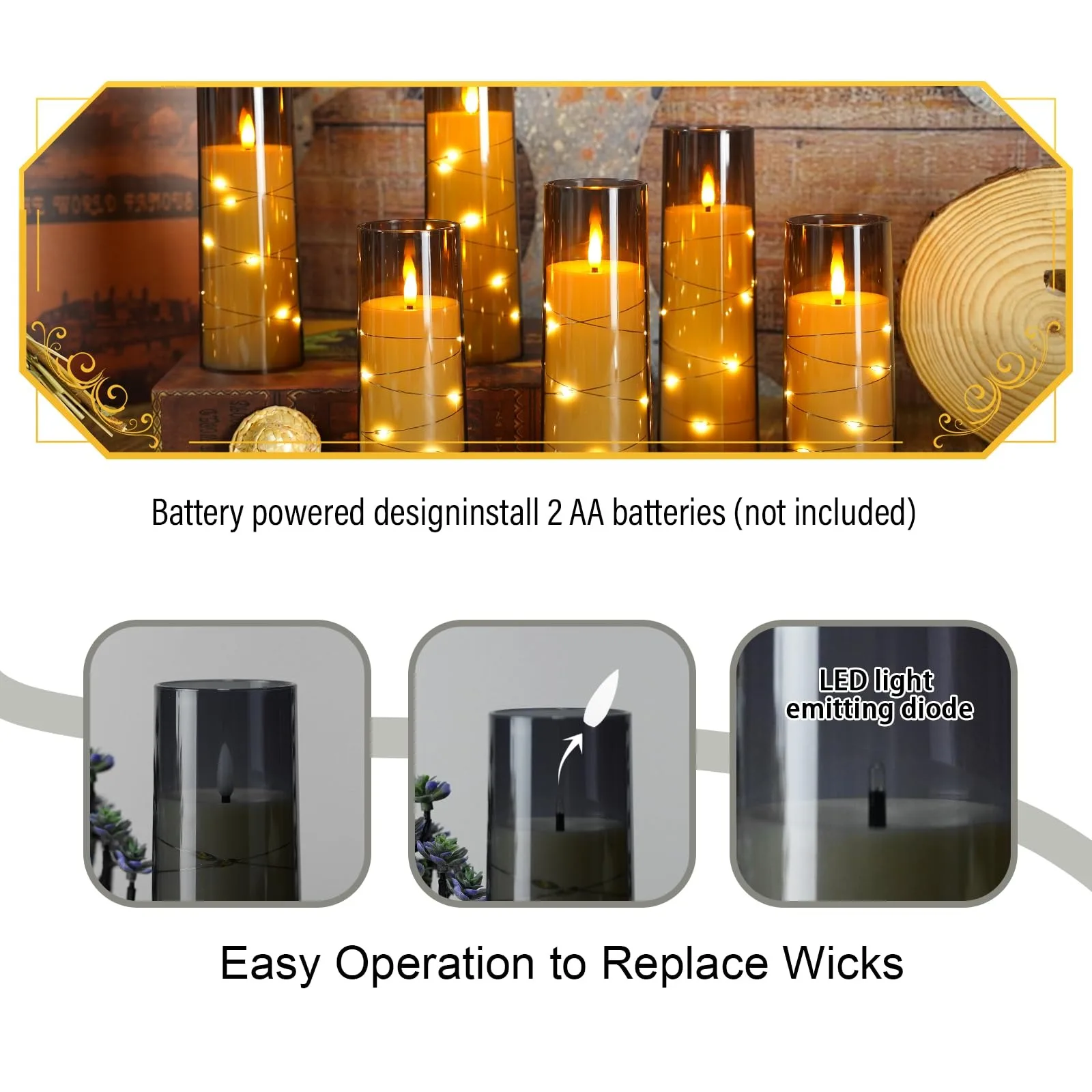 Set Of 7 Gray Flameless Candles Embedded Star String LED Candle With Timer Remote Halloween Mysterious Mantel Ambiance Decor