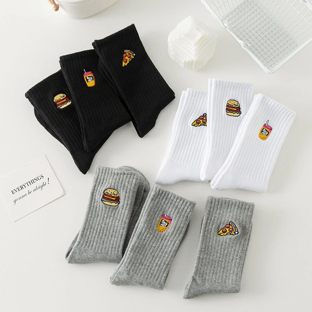 Warm Winter New Funny Embroidery Hamburger Pizza Pattern White Black Gray Casual Hipster Thic Socks Christmas Gift Dropship