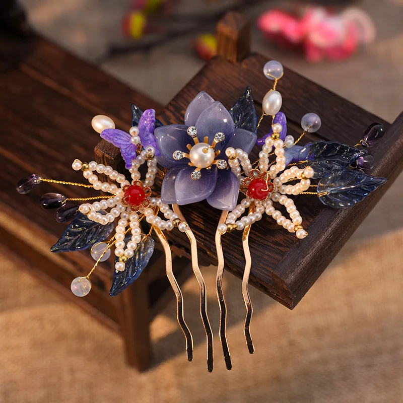 Vintage Floral Hair Comb Tang Dynasty Hairpin For Women Pearl Alloy Tiara Chinese Wedding Hanfu Hair Accessories Classic Jewelry